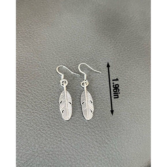 Feather Drop Hook Earrings .925 Sterling Silver Hook ~ Pewter Charm - Picture 2 of 2